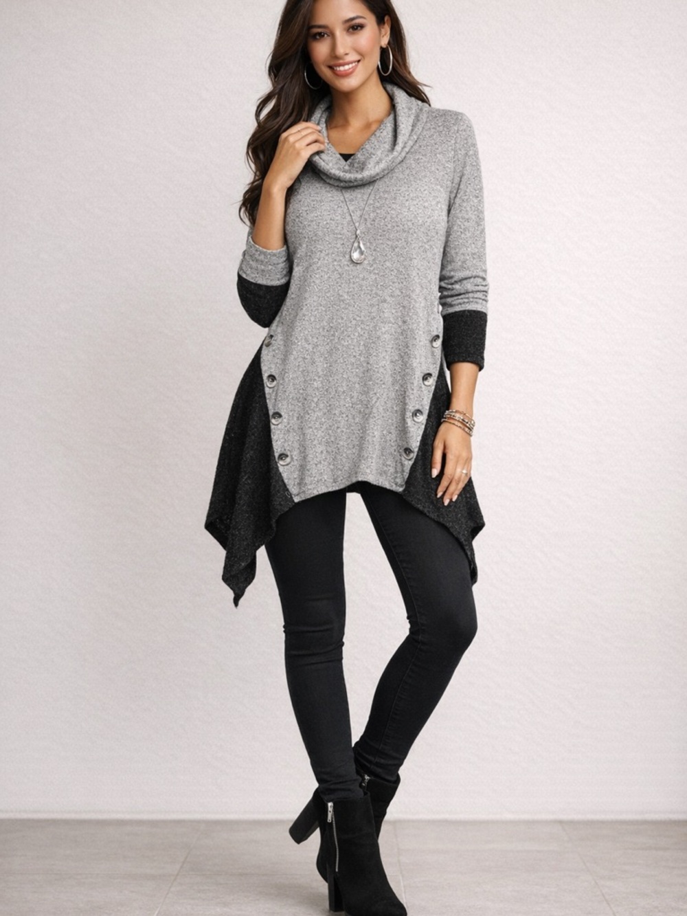 Misia Gray & Black Cowl Tunic Sweater with Side Button Panels